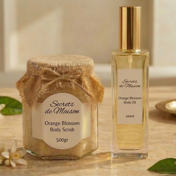 Jar and bottle of 'Secrets de Maison' body scrub on a wooden surface with flowers and leaves.